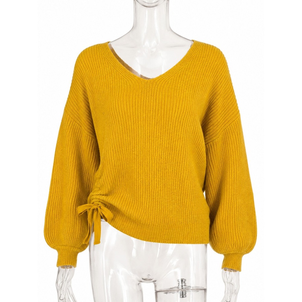 Lou & Grey Mustard Yellow Waffle Knit Side Tie Sweater Balloon Sleeve SKUW741